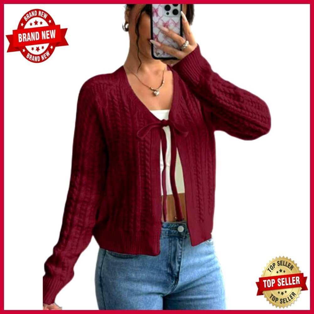 Cable Knit Cardigan Sweater Cropped V-Neck Long Sleeve Casual Wear